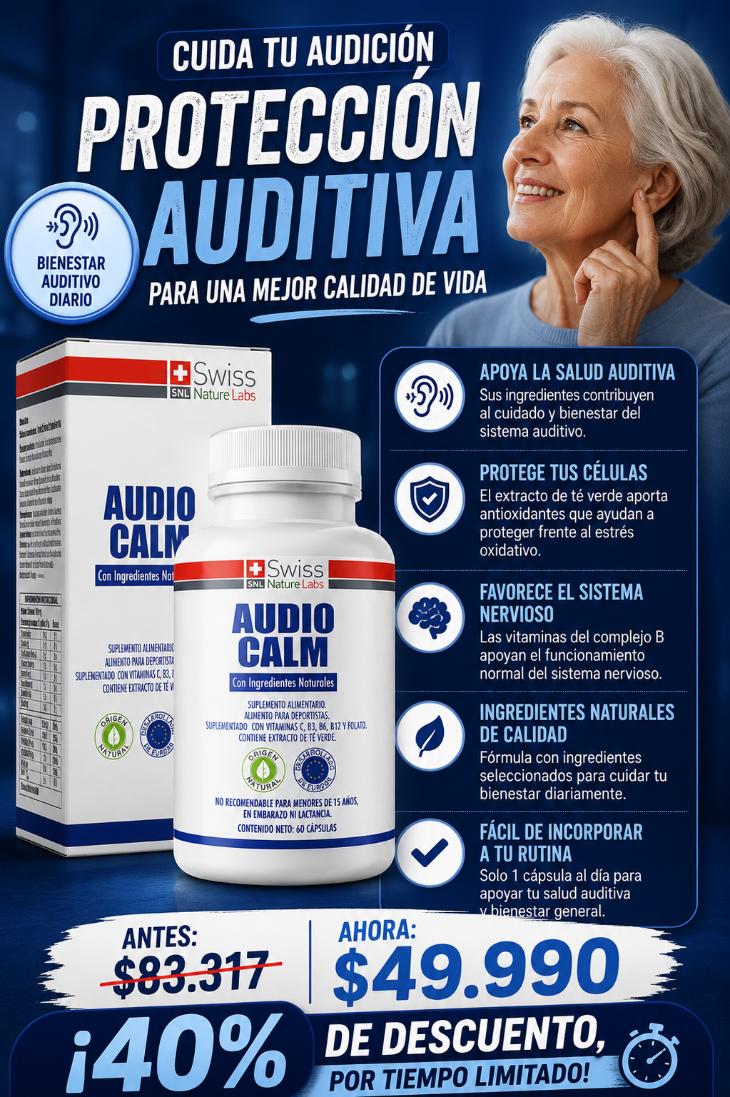AUDIOCALM ANTI-ZUMBIDOS NATURAL 60CAPS - ¡40% OFF!